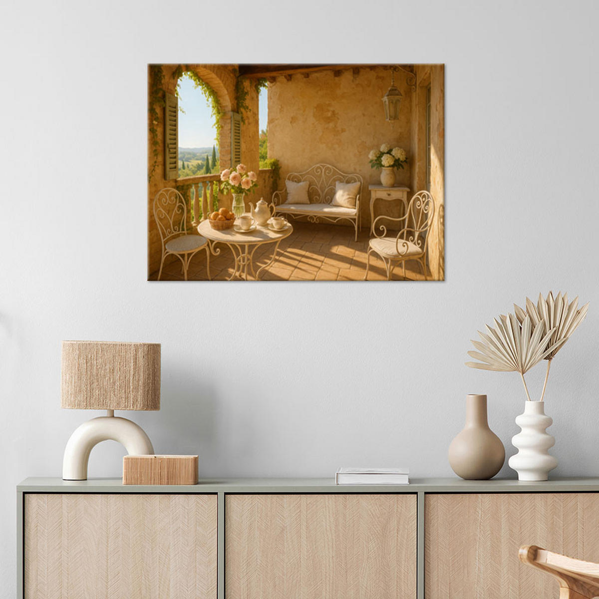 LEINWANDBILD Blick von der Terrasse Shabby Chic 120x80cm - Beige, Textil (120/80cm) - Feeby