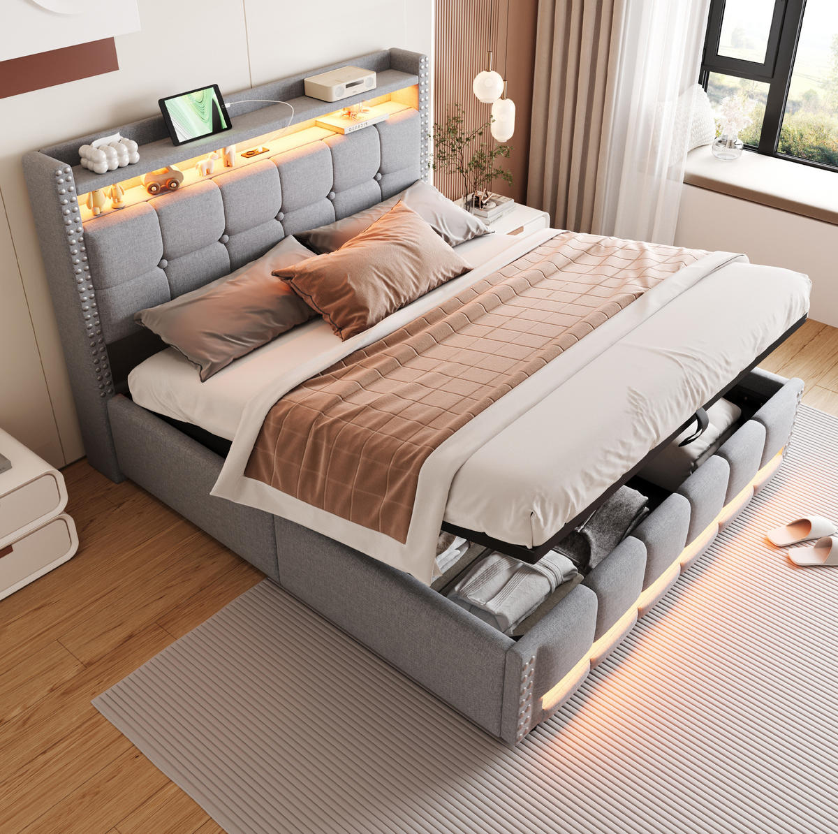 POLSTERBETT 160/200 cm mit LED-Beleuchtung, USB-Anschluss, Kopfteil mit Stauraum und hydraulischem Bettkasten, Hellgrau - Hellgrau, Textil (160/200cm) - Redom