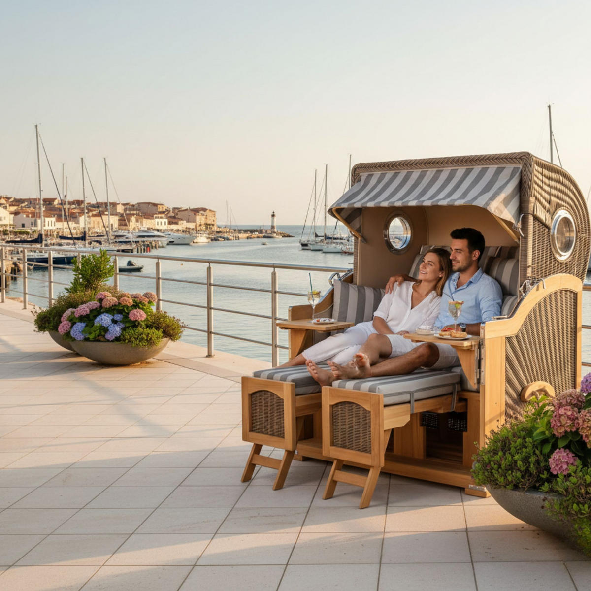 STRANDKORB Düne Grande Bullauge Teak PE Grey Dessin 537 - Braun/Grau, Metall (142/170/95cm) - Mr. Deko