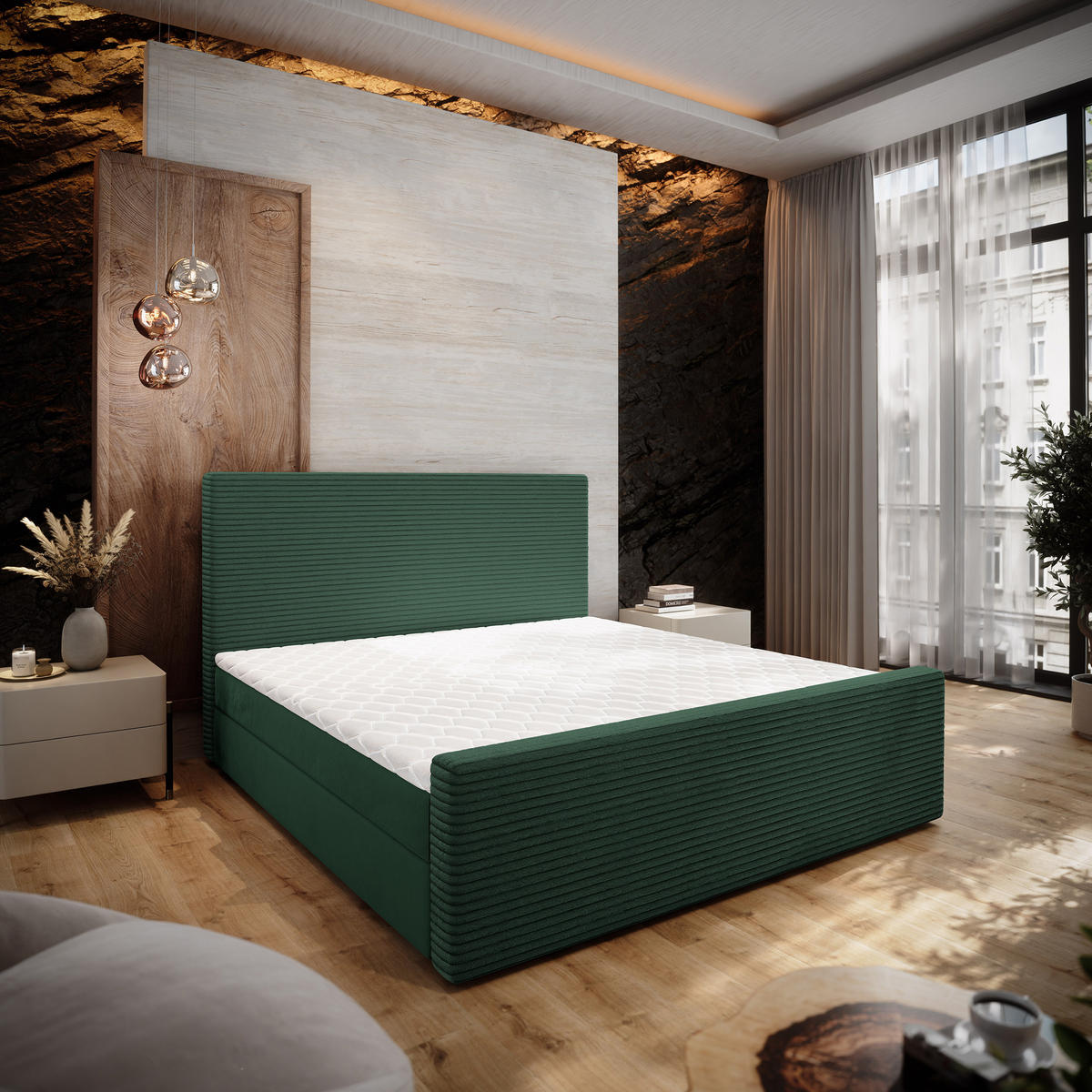 BOXBETT ALORIA 160x200 cm mit Matratze und Topper - Grün - Grün, Holz (160/200cm) - MASSENO
