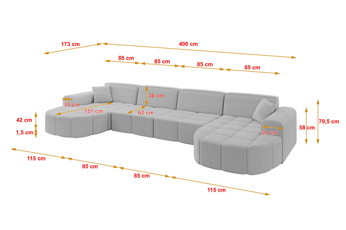 WOHNLANDSCHAFT LIVO-U2 - 400x173x79,5 cm Hellgrau - Hellgrau, Holzwerkstoff/Textil (400/79/173cm) - ALTDECOR