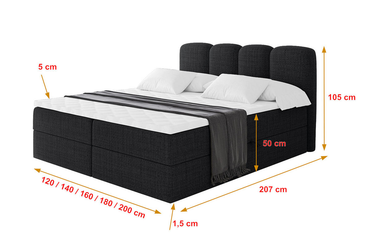 BOXBETT mit Matratze H4 - NINA - 160x200 cm - Schwarz - Schwarz, Holzwerkstoff (160/200cm) - ALTDECOR