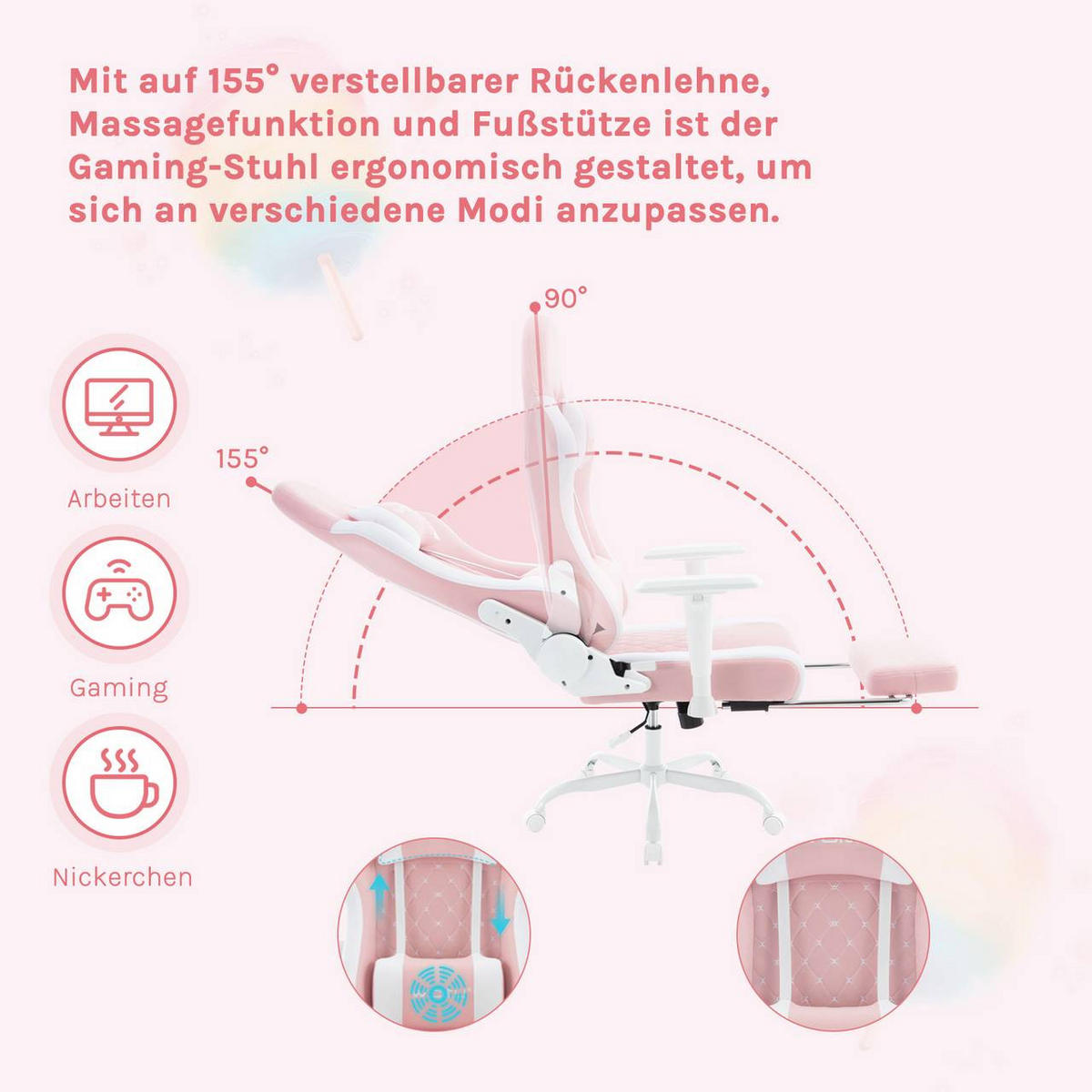 GAMINGSTUHL mit Lendenkissen, Massagefunktion, Rosa+Weiß - Weiß/Rosa, Textil/Metall (70/129/57.5cm) - Woltu