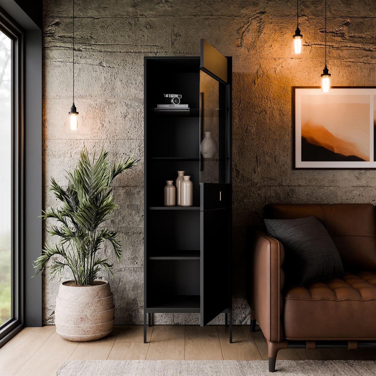 VITRINE MIDNIGHT mit Glastür auf Gestell schwarz - Schwarz, Holzwerkstoff (54/175/39cm) - Lookway