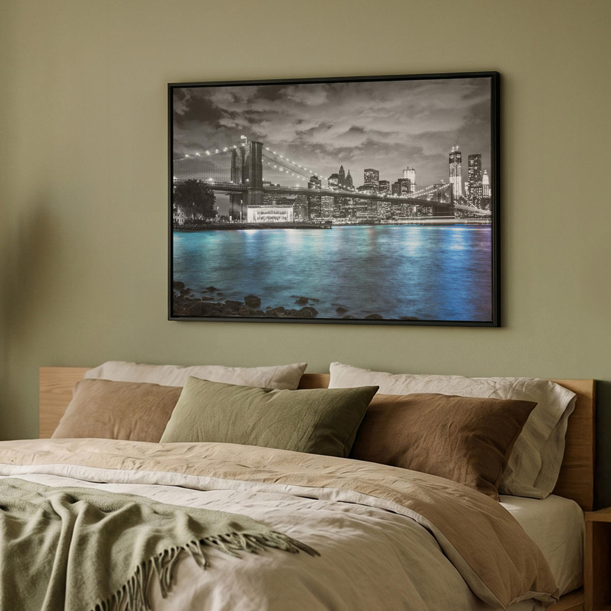 LEINWAND Bilder mit Rahmen - New York - Skyline - Stadt - Blau - 100x70 - Blaugrau, Textil (100/70cm) - MuchoWow