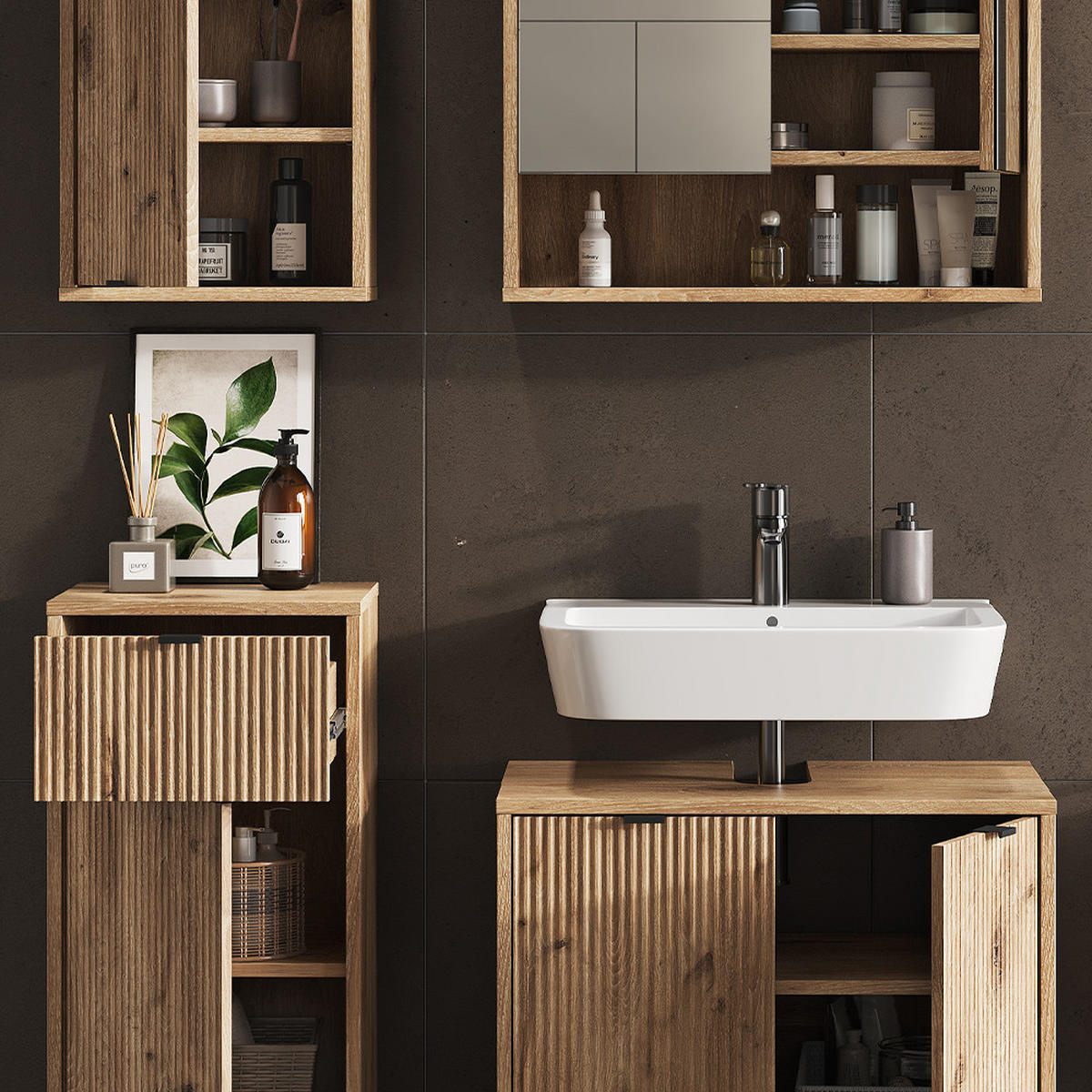BADMÖBEL-SET Eliza Viking Oak 4 Teile - Eiche Wotan, Holzwerkstoff (70/63/45cm) - Vicco