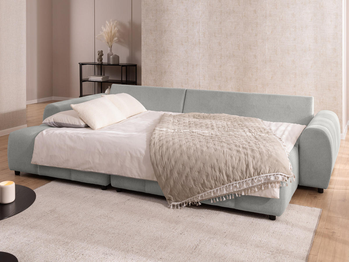 ECKSOFA inkl. Hocker Bubble mit Schlaffunktion und losen Rückenkissen, Sitzfläche in Bubble-Optik aus weichem Hellgrau Strukturstoff - Ottomane Links - Hellgrau/Schwarz, Holz/Kunststoff (180/306cm) - S-Style Möbel