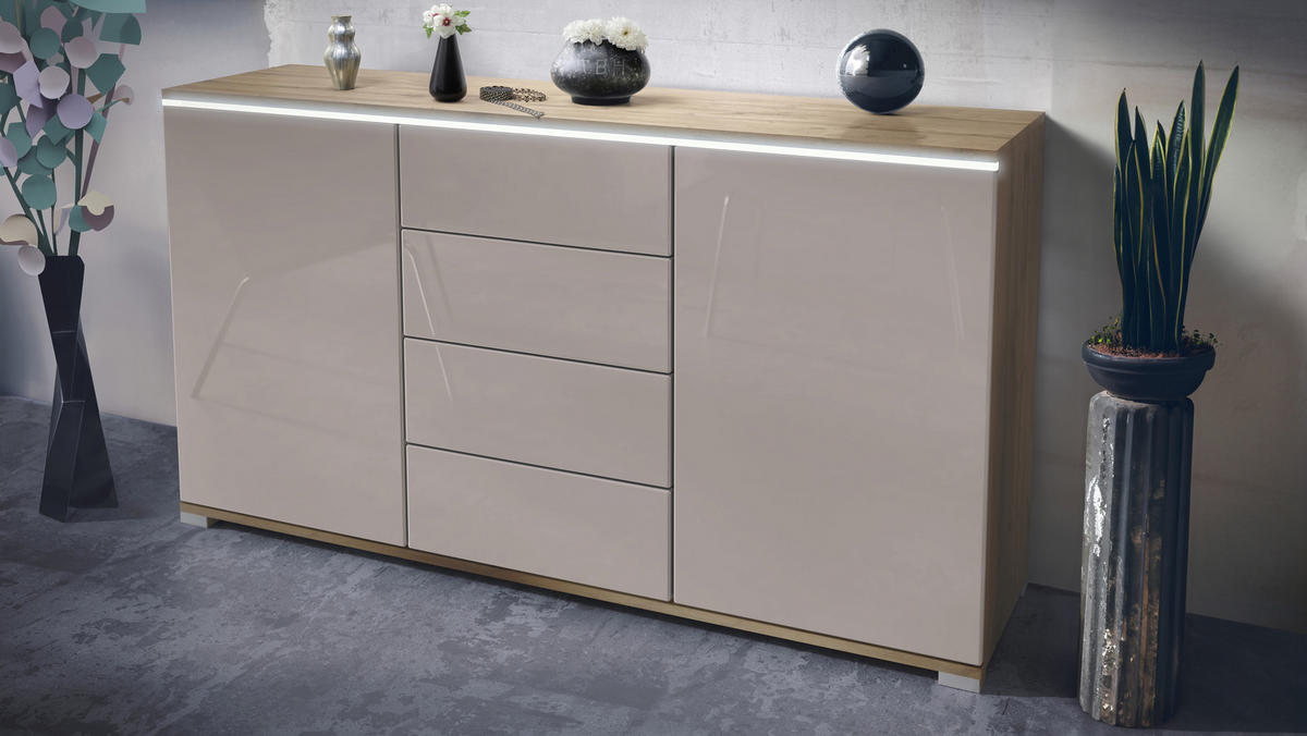 SIDEBOARD Faro Sandgrau Hochglanz - Sandfarben, Holzwerkstoff (138.5/75.5/35cm) - Vladon