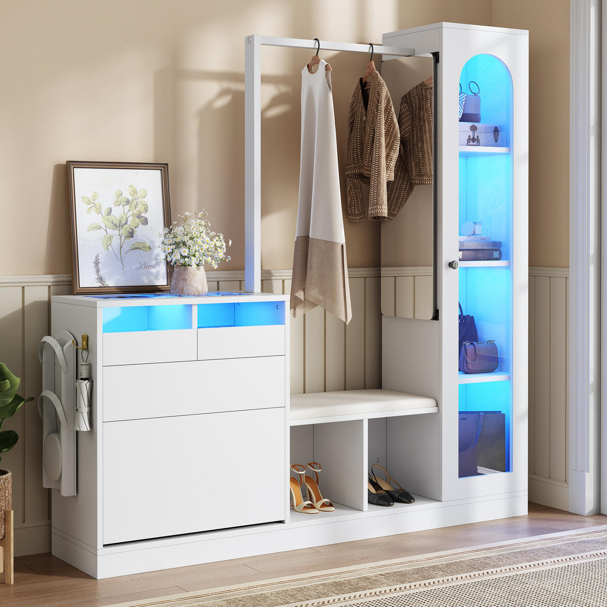 GARDEROBENSET mit LED-Beleuchtung 163x50x161 cm Weiß - Weiß, Holzwerkstoff (35/161/163cm) - Beauniv