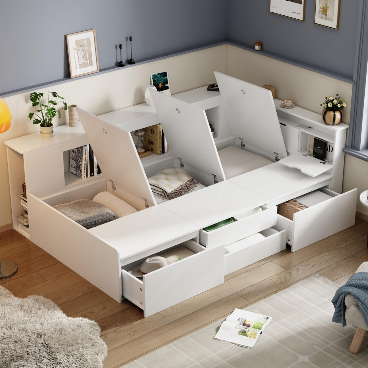 KINDERBETT 90/200 cm aus MDF mit 4 Schubladen, Bücherregal und Stauraum Weiß - Weiß, Holzwerkstoff (90/200cm) - Modenvie