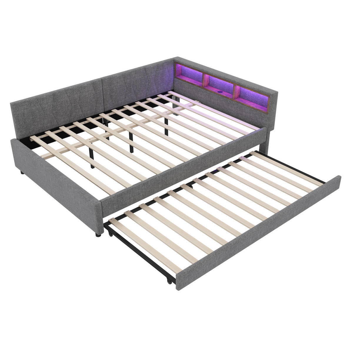 POLSTERBETT 140/200 cm grau aus Leinen mit Ausziehbett und USB - Grau, Textil (140/200cm) - OKWISH