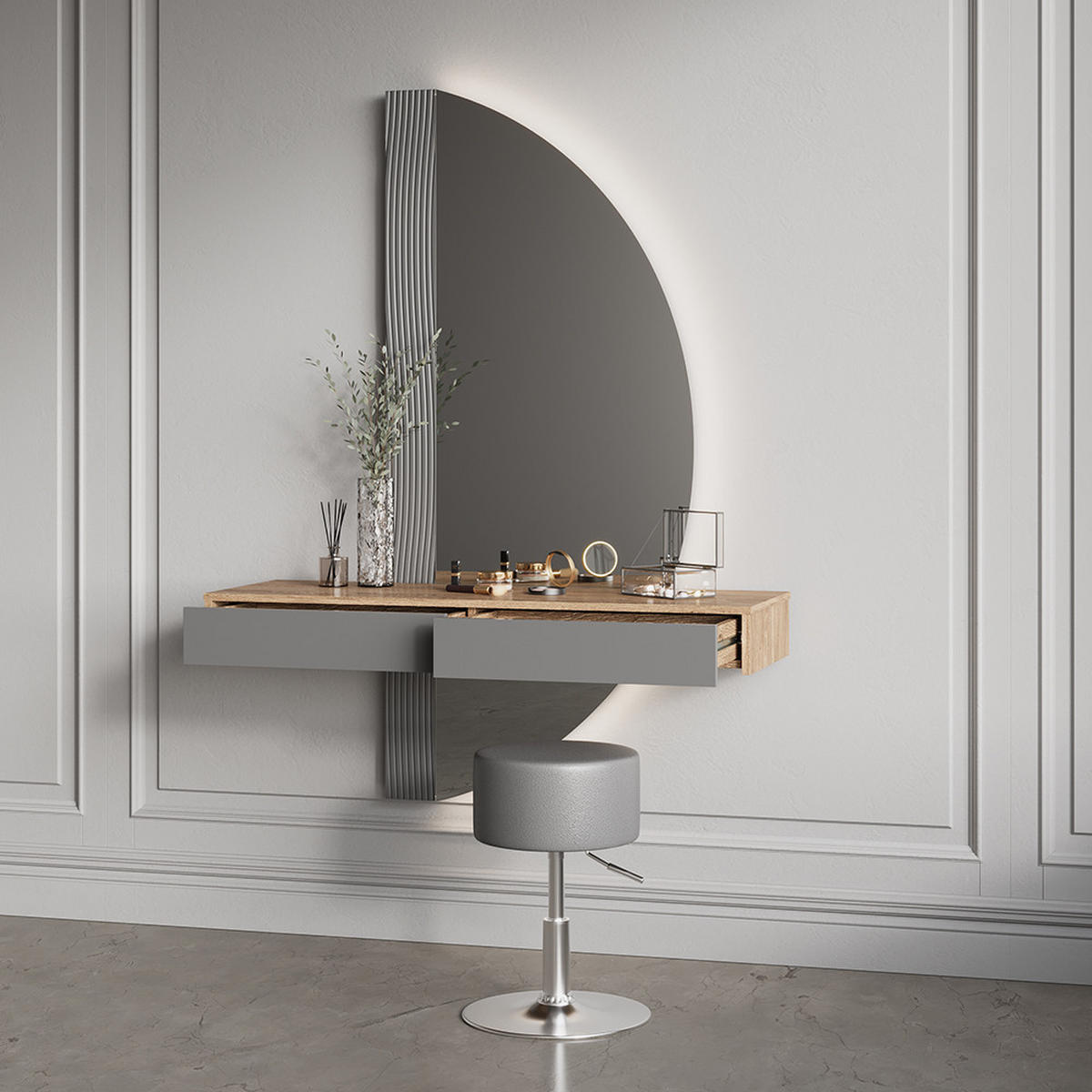 SCHMINKTISCH Ascona Grau mit Beleuchtung und Hocker - Eichefarben/Grau, Holzwerkstoff (120/161.1/40cm) - Livinity®