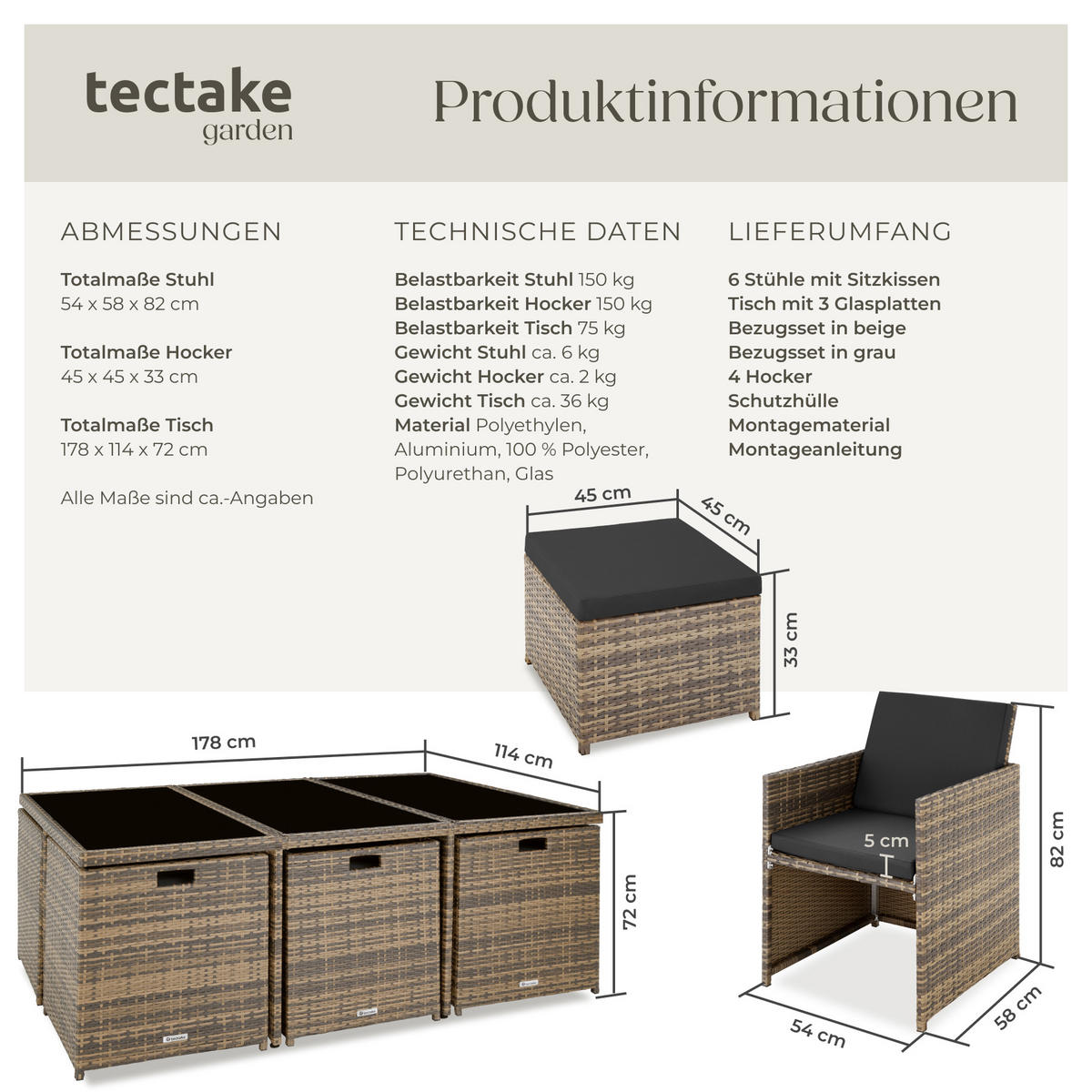 RATTAN SITZGRUPPE New York,2 Bezugssets, zusammenschiebbar, inklusive Schutzhülle,natur - Naturfarben, Kunststoff - tectake