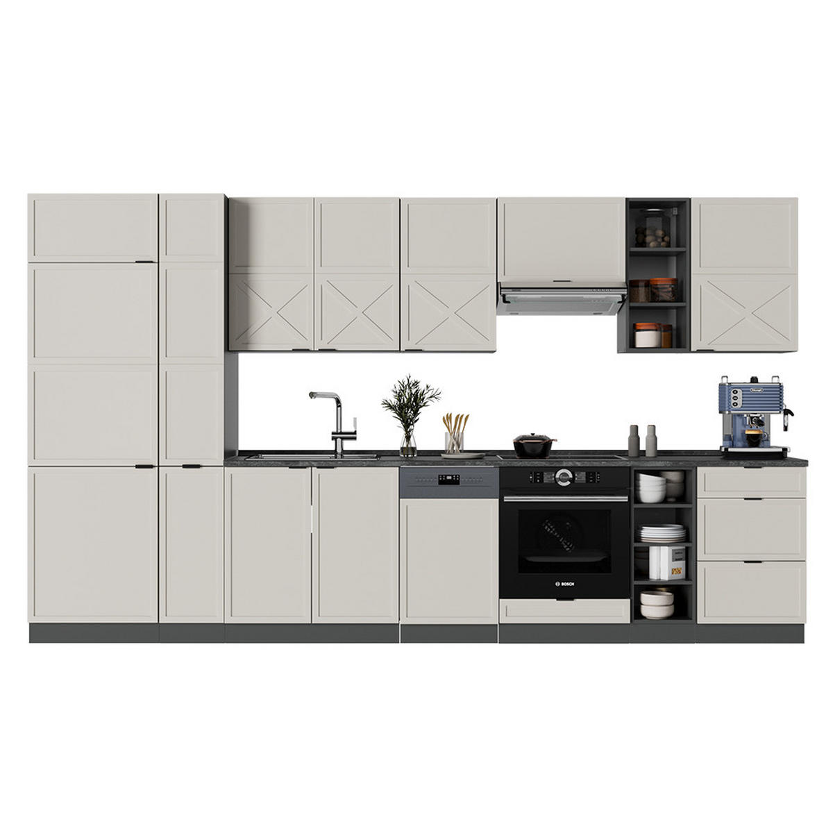 KÜCHENZEILE Fame-Line GrauBeige/Anthrazit 355 cm ohne AP - Anthrazit/Grau, Holzwerkstoff (355/81.6/46cm) - Vicco
