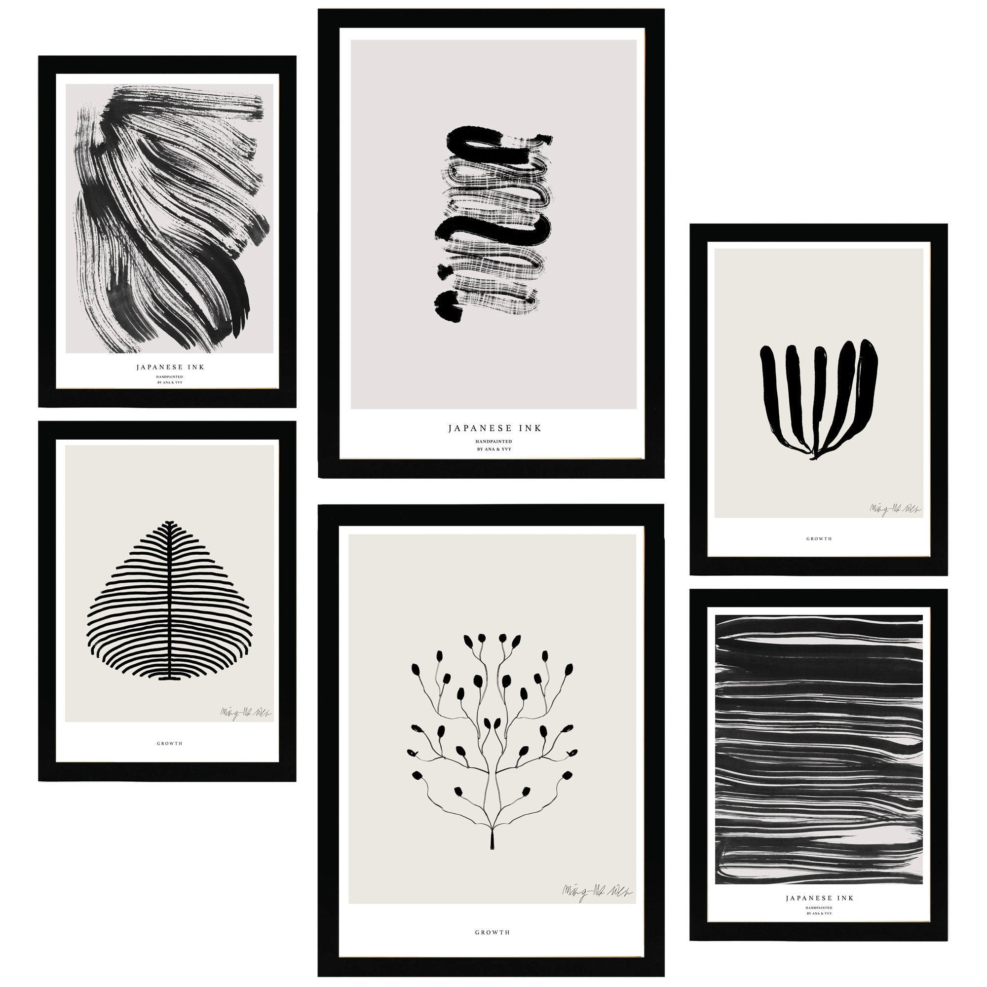 POSTER Set Mit 6 Abstrakte Kunst In Schwarzweiß Pinselstriche A3 & A4 Schwarzer Rahmen - Schwarz, Papier (29/3cm) - Nacnic