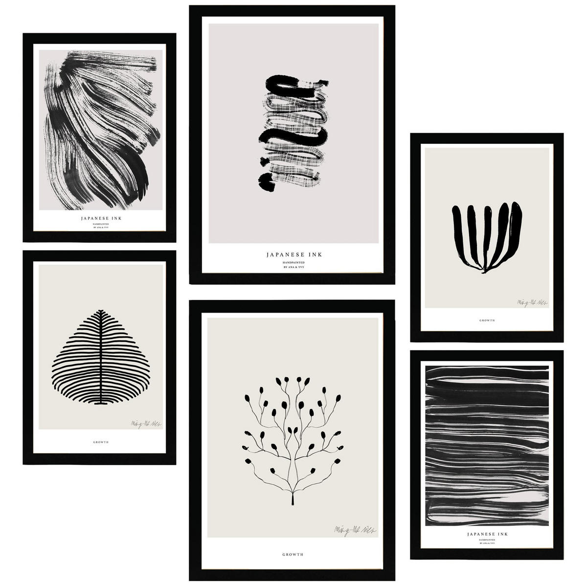 POSTER Set Mit 6 Abstrakte Kunst In Schwarzweiß Pinselstriche A3 & A4 Schwarzer Rahmen - Schwarz, Papier (29/3cm) - Nacnic