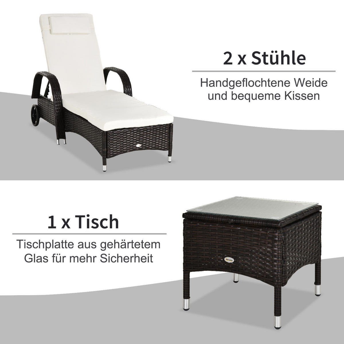 SONNENLIEGEN-SET aus Metall in Braun mit Beistelltisch & verstellbaren Lehnen - Braun, Metall (73/30/200cm) - Modfu