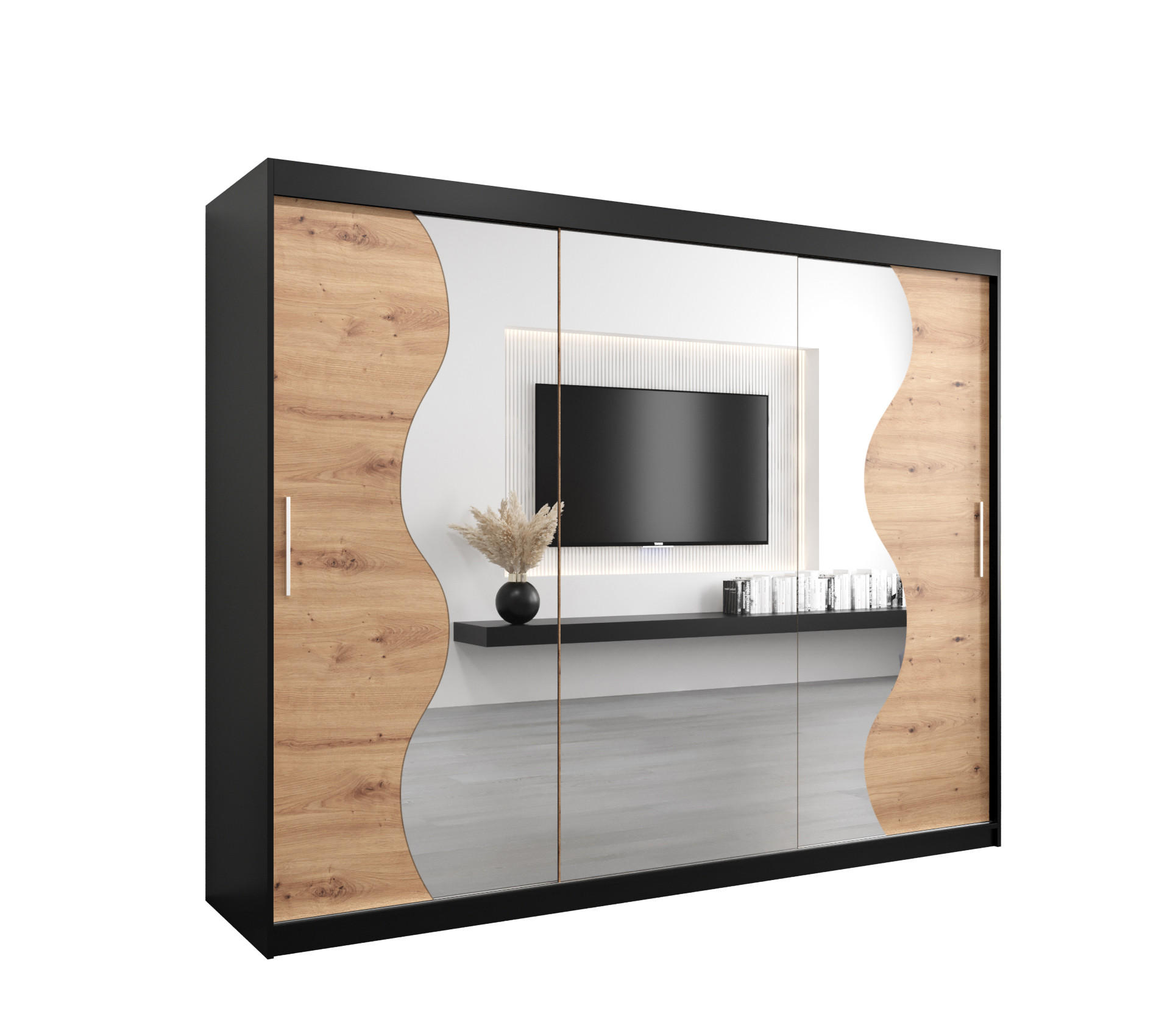 Abiks Möbel Schwebetürenschrank Schwarz, Eiche Artisan 250x200x62 cm