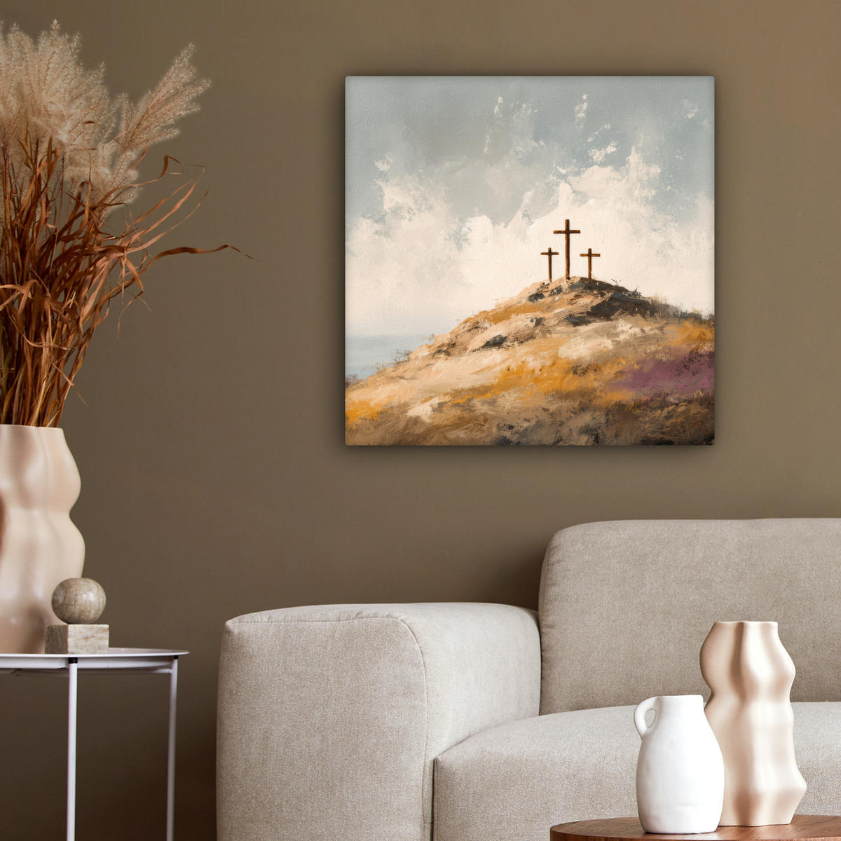 LEINWANDBILD Hügel - Abstrakt - Christentum - Kreuz Wandbild Wohnzimmer 50x50 cm - Hellgrau, Textil (50/50cm) - MuchoWow