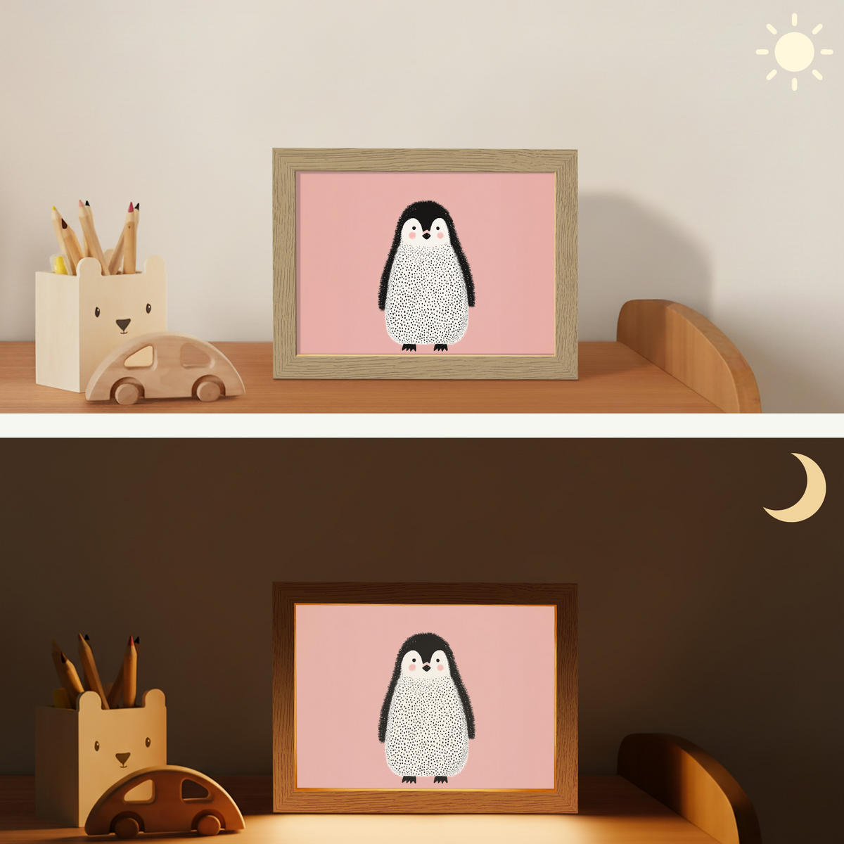 NACHTTISCHLAMPE Pinguin - Punkte - Minimalistisch - Rosa 20x15 cm - Rosa, Holzwerkstoff (8/20/15cm)