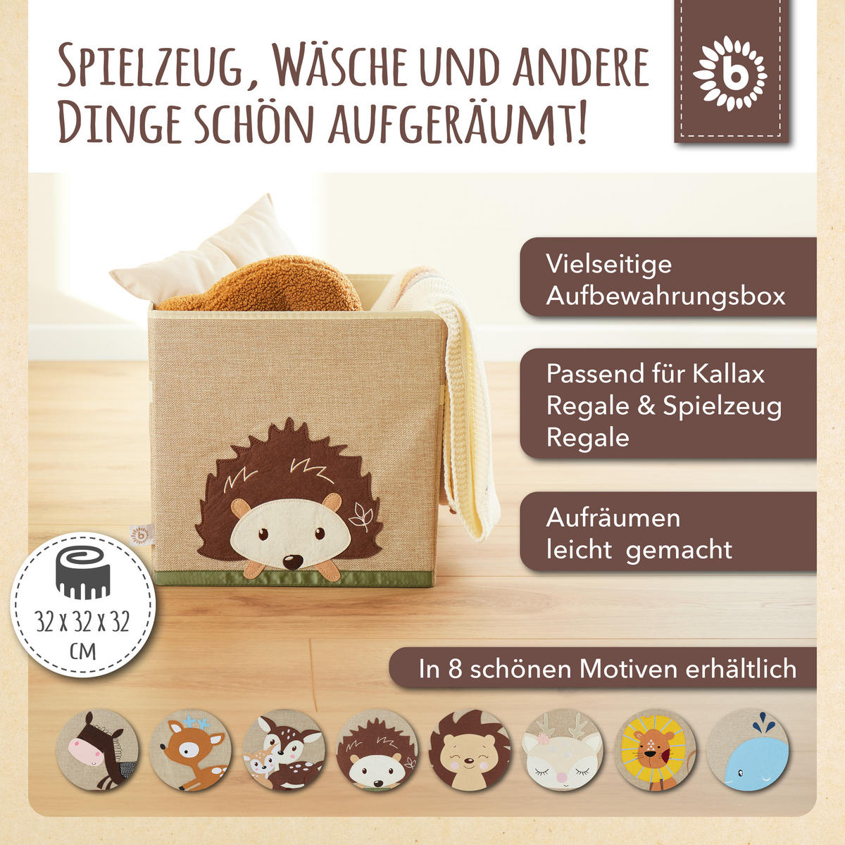 AUFBEWAHRUNGSBOX Kinder Kallax Igel - Beige, Textil (33/33cm) - Bieco Spielwaren