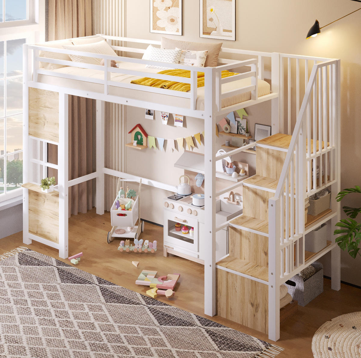 HOCHBETT 90/200 cm aus MDF und Metall mit Ablageleiter, Weiß - Weiß, Holzwerkstoff (90/200cm) - OKMYHOME