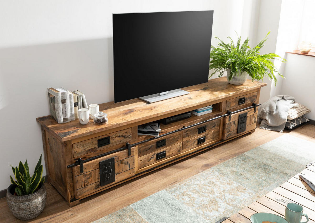 TV-BOARD Mango 240x50x60 natur lackiert RAILWAY #156 - Naturfarben, Holz (240/60/50cm) - Massivmoebel24