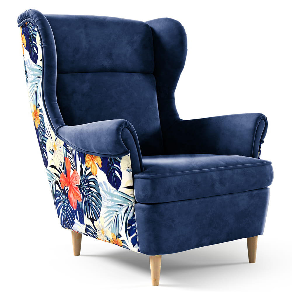 OHRENSESSEL Havana im skandinavischen Stil, Dunkelblau - Buchefarben/Dunkelblau, Holzwerkstoff (82/102/92cm) - Beautysofa