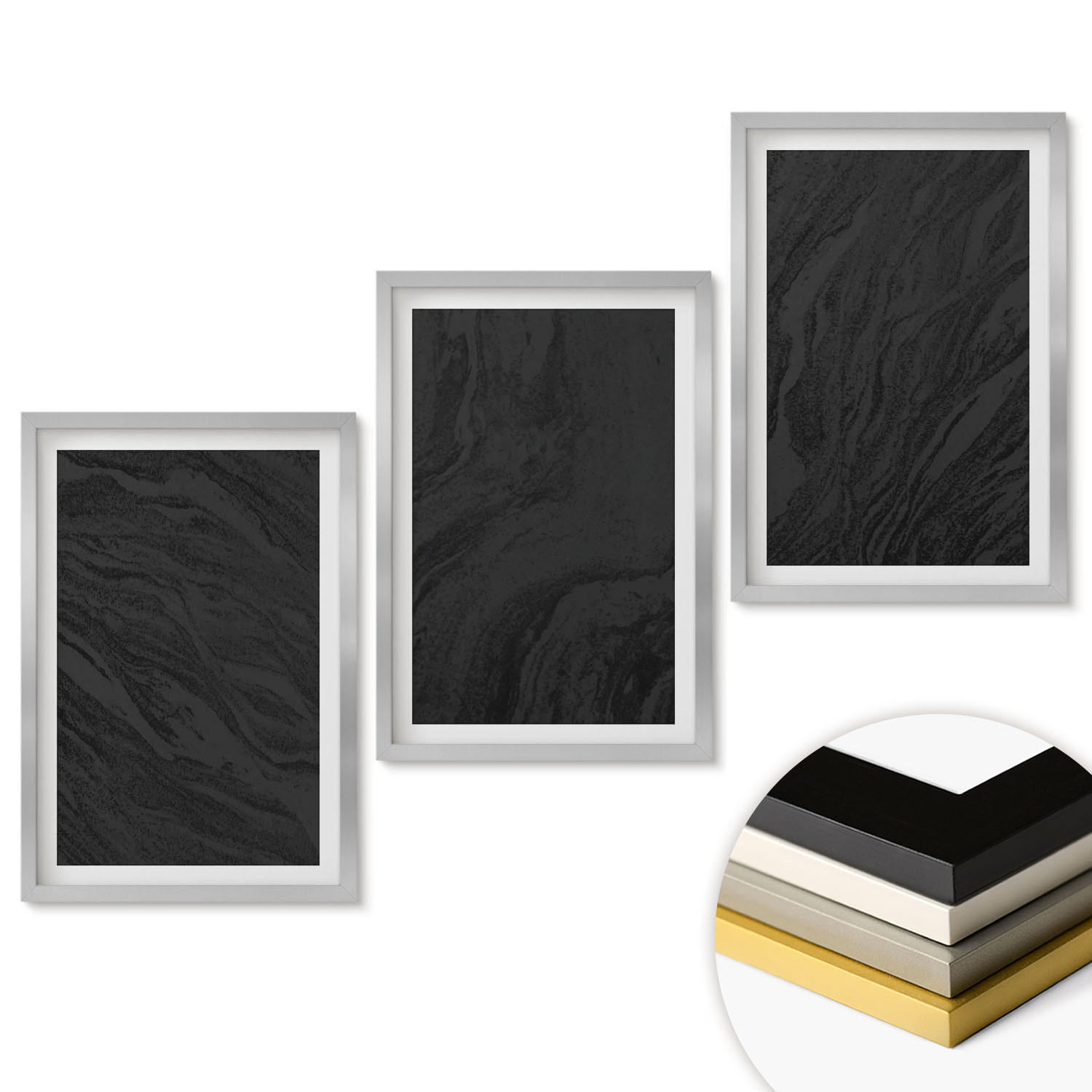 WANDBILDER 3er Set - 40x60 cm Silberner Rahmen - Dunkler Marmor, elegante Texturen - Silberfarben, Kunststoff (40/60cm) - ArtPrintCave
