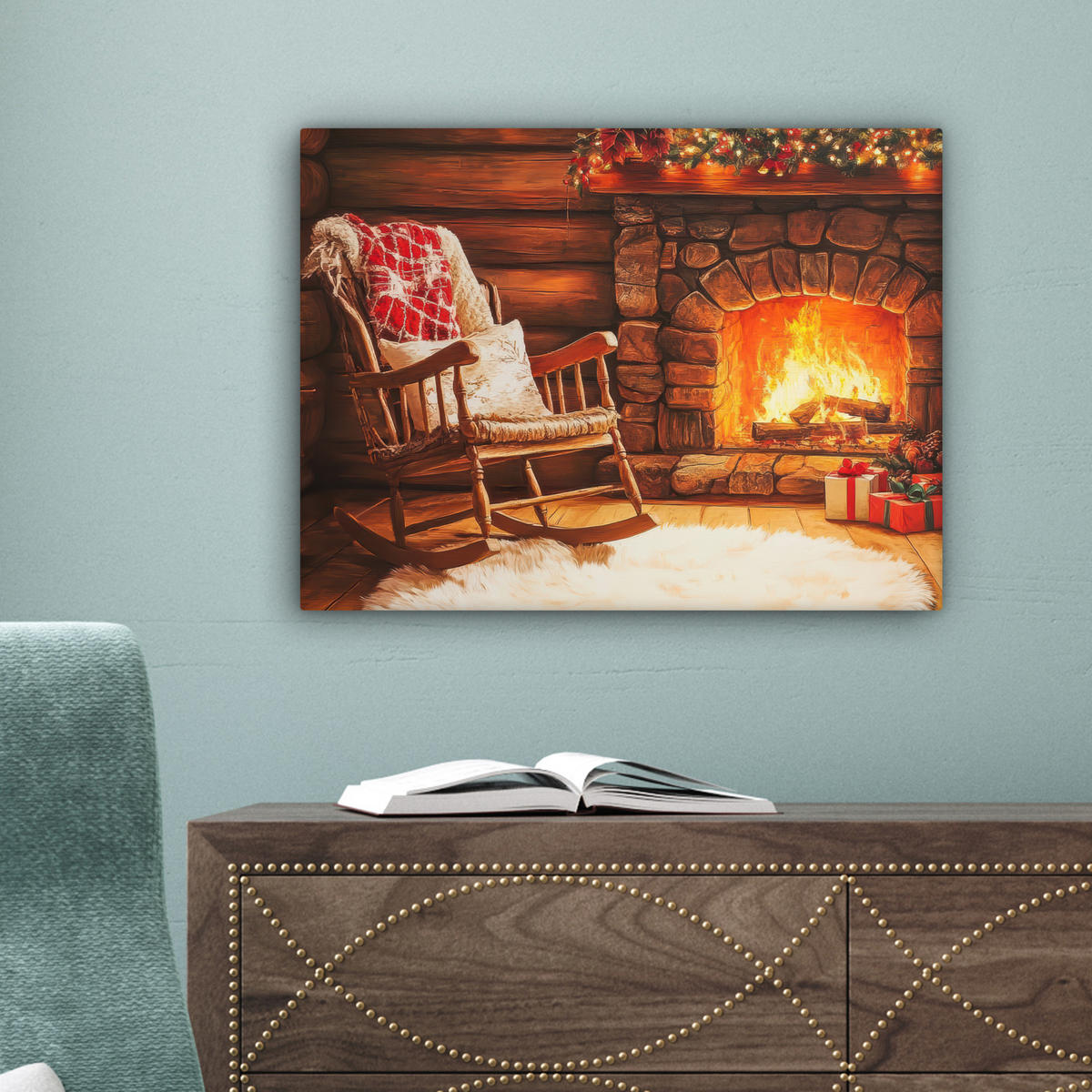 LEINWANDBILD Winter - Weihnachten - Zuhause - Kamin Wandbild 40x30 cm - Bernsteinfarben, Textil (40/30cm) - MuchoWow