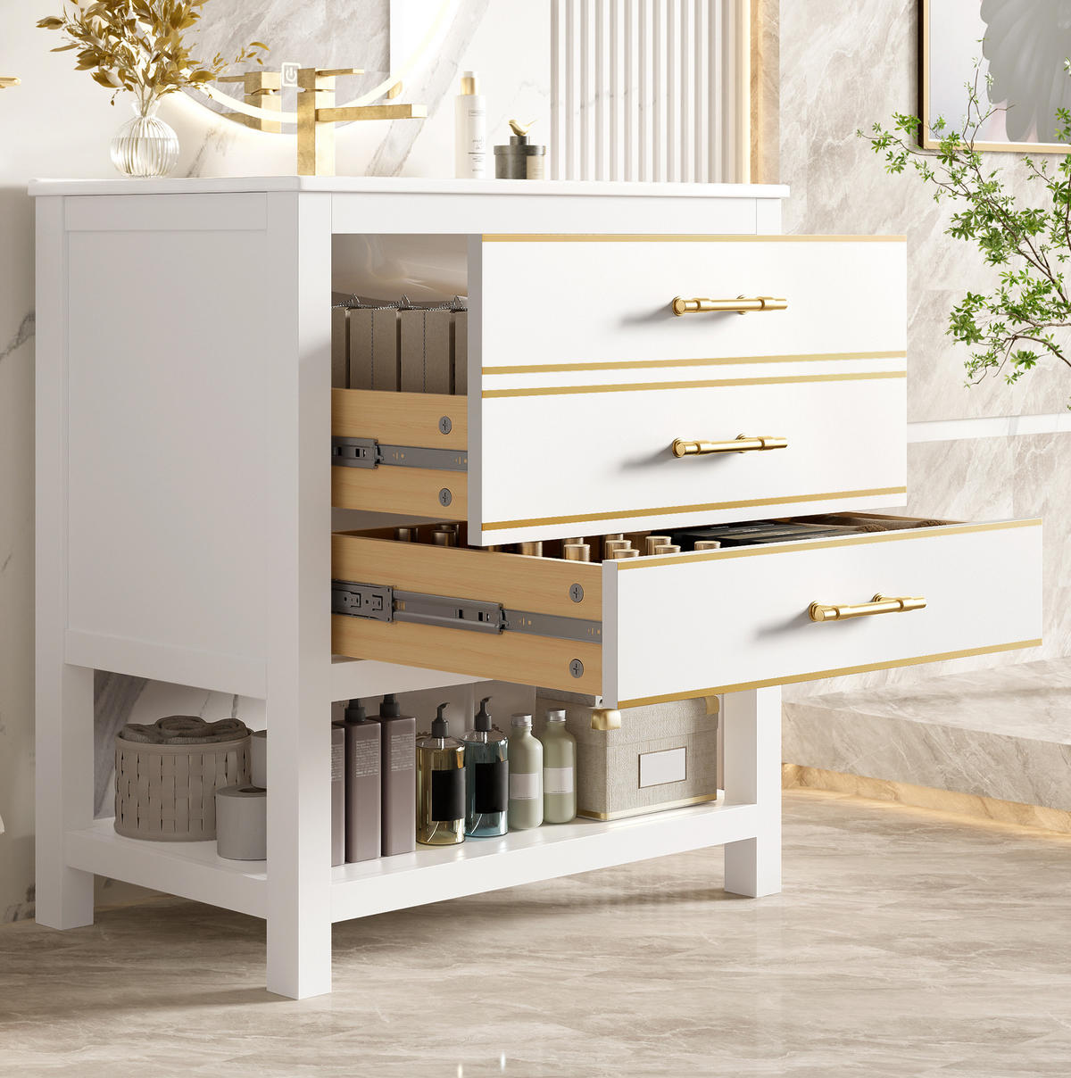 WASCHTISCHKOMBI 76 cm in Weiß/Gold mit Keramikbecken und 2 Schubladen - Weiß, Holzwerkstoff (76/86/46.5cm) - Flora Grace