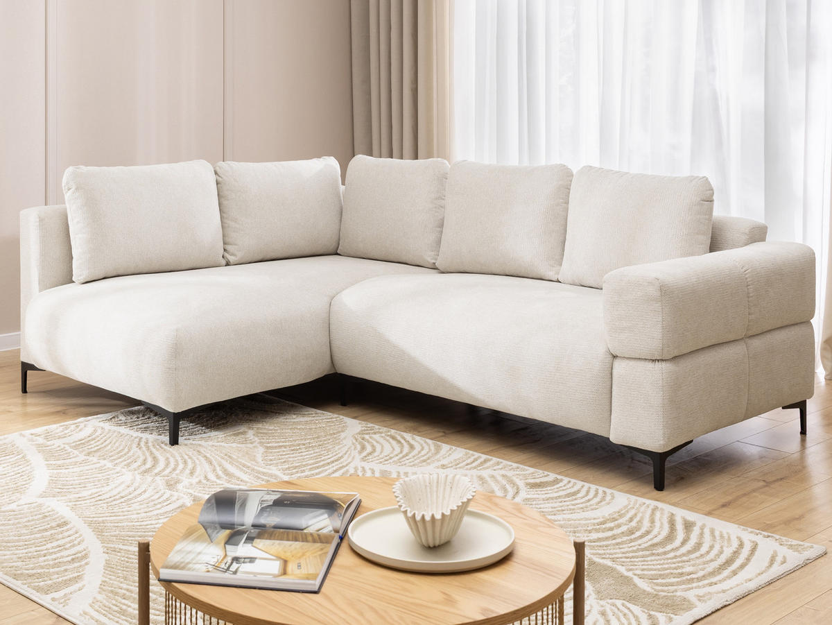 ECKSOFA Cardea in Bubble-Optik aus weichem Creme Strukturstoff mit hohem Sitzkomfort - Ottomane links - Creme/Schwarz, Holz/Textil (170/230cm) - S-Style Möbel