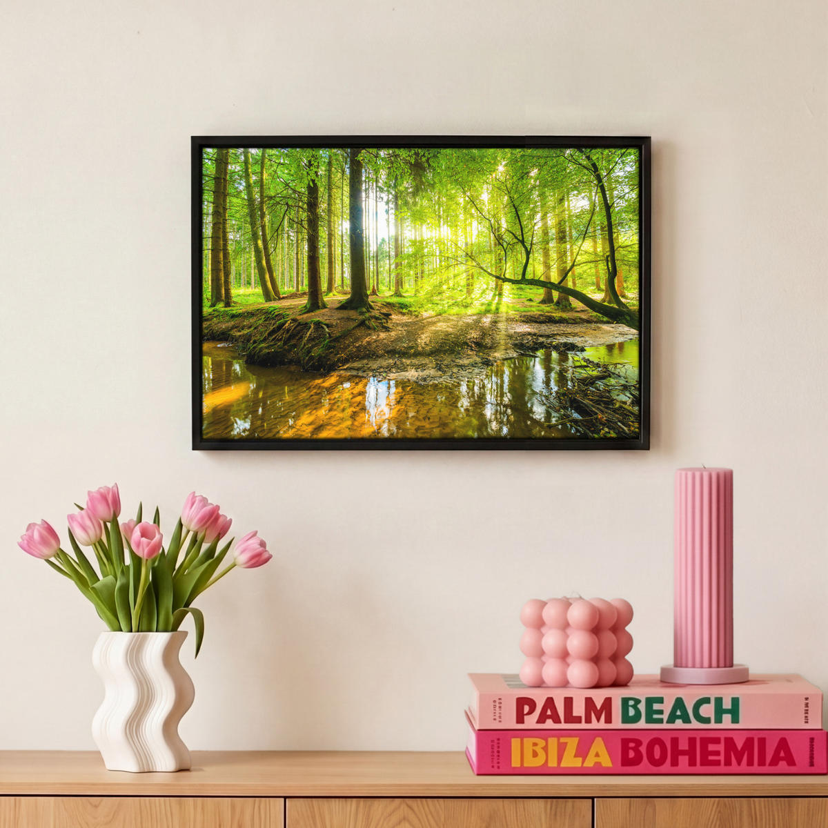 LEINWAND Bilder mit Rahmen - Wald - Landschaft - Wasser - Bäume - Sonne - Grün - Natur - 30x20 - Grün, Textil (30/20cm) - MuchoWow
