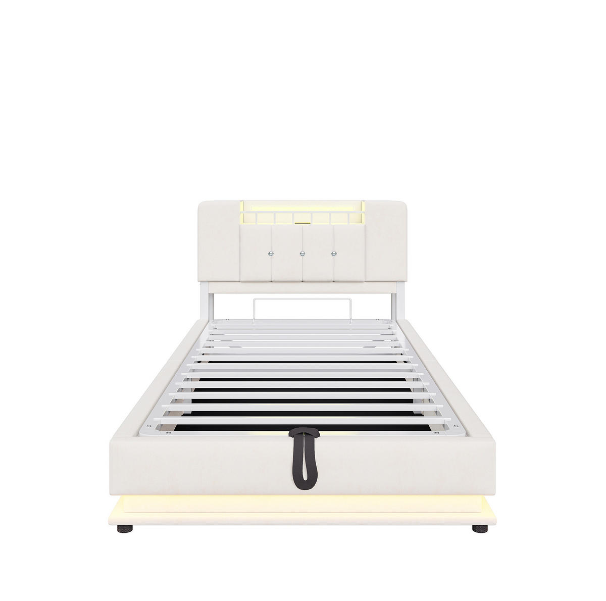 POLSTERBETT 90/200 cm mit LED-Beleuchtung, USB-Anschluss und Bettkasten - Beige, Textil (90/200cm) - BEAOK