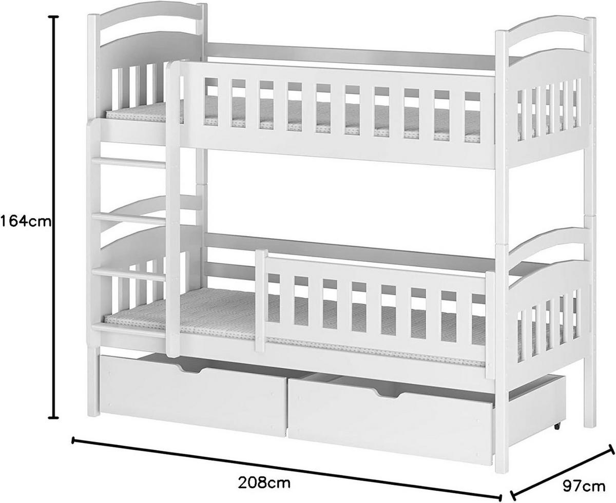 PATROVÁ postel 90 × 200 cm se 2 zásuvkami a 2 matracemi – bílá - bílá, dřevo - Kids Collective