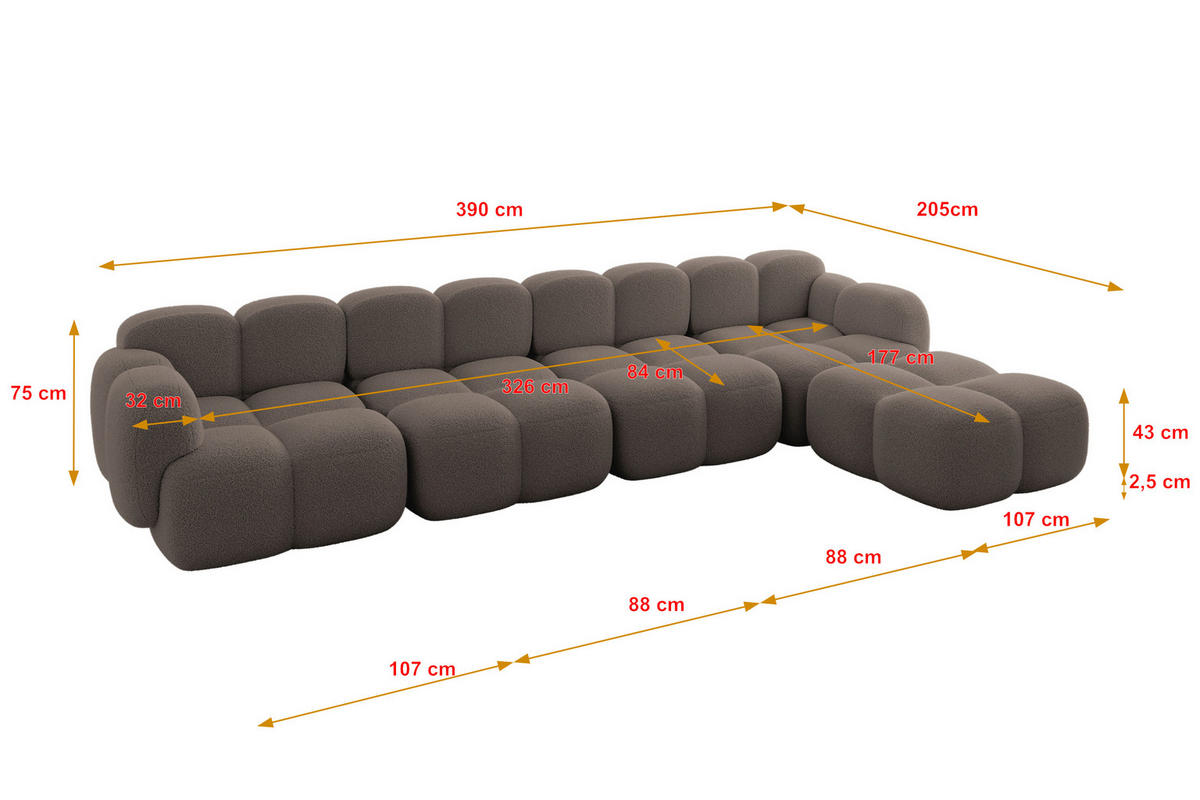 ECKSOFA modulares Sofa Rechts Miko-L3 390x205x75 Braun Bouclé - Dunkelbraun/Schwarz, Holzwerkstoff/Kunststoff (390/205cm) - ALTDECOR