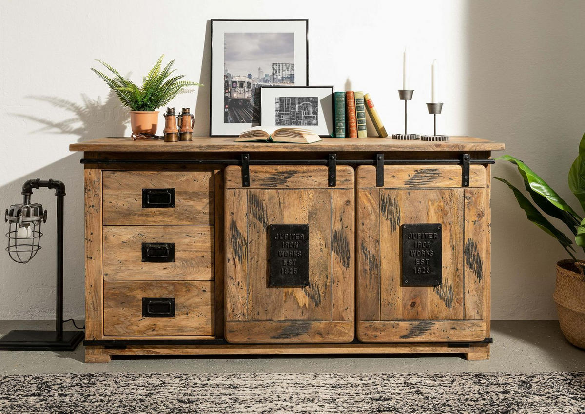 SIDEBOARD Mango 150x45x80 natur lackiert RAILWAY #100 - Naturfarben, Holz (150/80/45cm) - Massivmoebel24