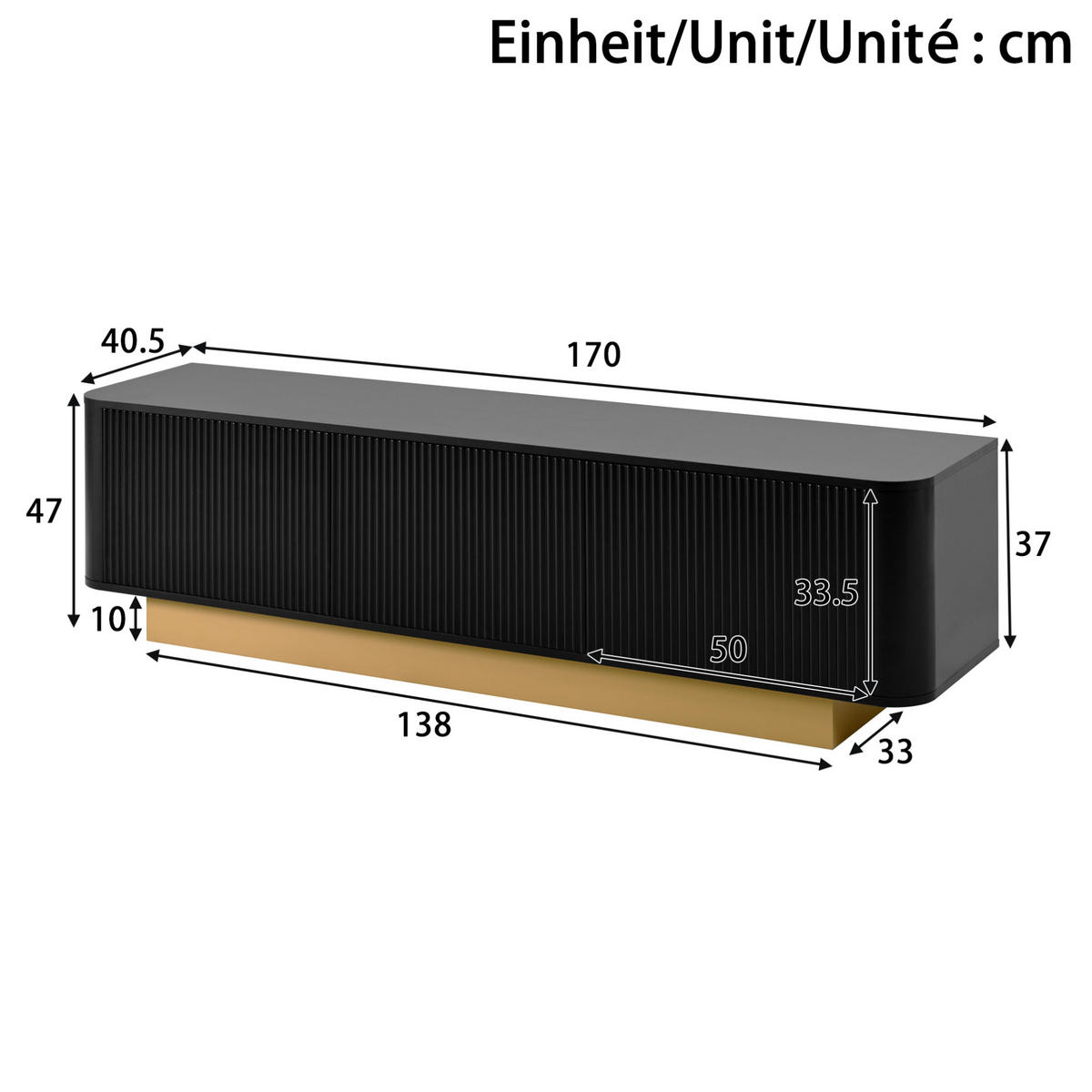 TV-LOWBOARD mit Stauraum 170 x 40,5 x 47 cm MDF/PB Black 3 Türen - Schwarz, Holzwerkstoff (40.5/47/170cm) - Beauniv