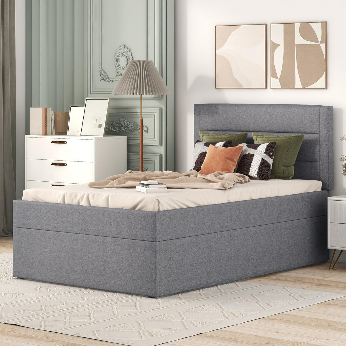 POLSTERBETT 90/200 cm Grau mit Stauraum und Lattenrost aus MDF - Grau, Holzwerkstoff (90/200cm) - OKWISH