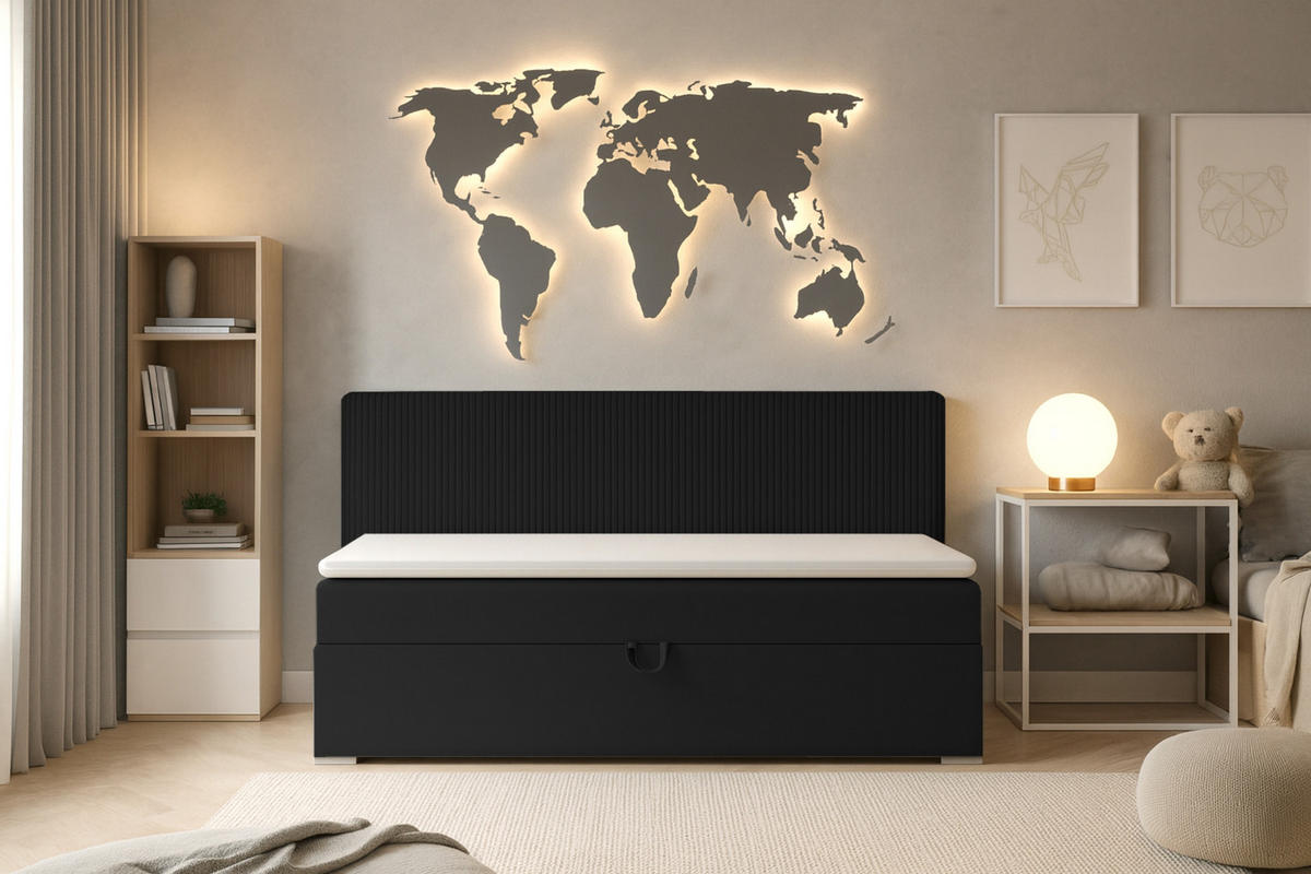 BOXBETT MATI BIS 90/200 Schwarz mit Taschen-Federkernmatratze H4 - Schwarz, Holz/Holzwerkstoff (90/200cm) - Deine Möbel 24