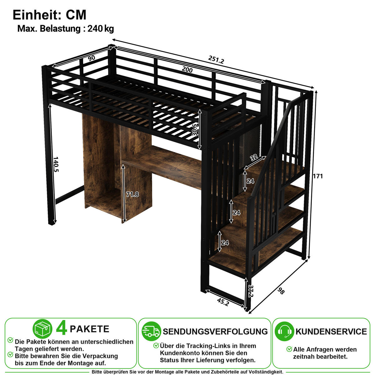 HOCHBETT 90/200 cm in Schwarz mit Kleiderschrank, Schreibtisch und Stauraum - Schwarz, Holzwerkstoff/Metall (90/200cm) - CHICFURN