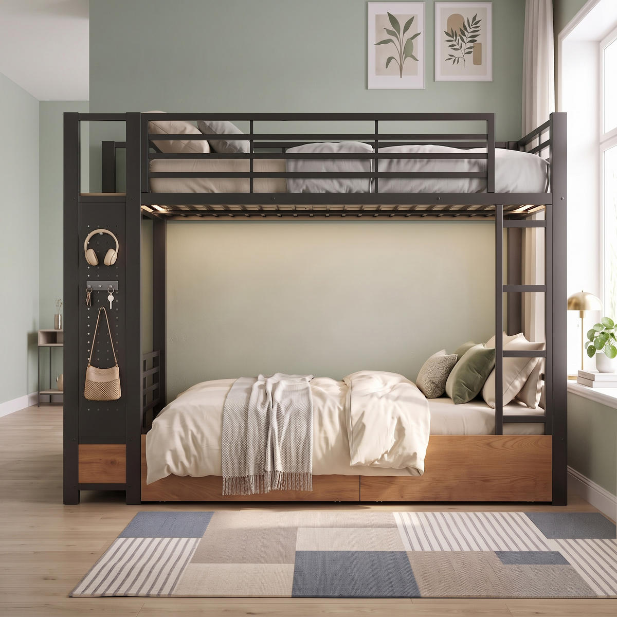 ETAGENBETT 90x200 Schwarz Metall mit 4 Schubladen, LED & Kleiderstange - Schwarz, Metall - Urban Meuble