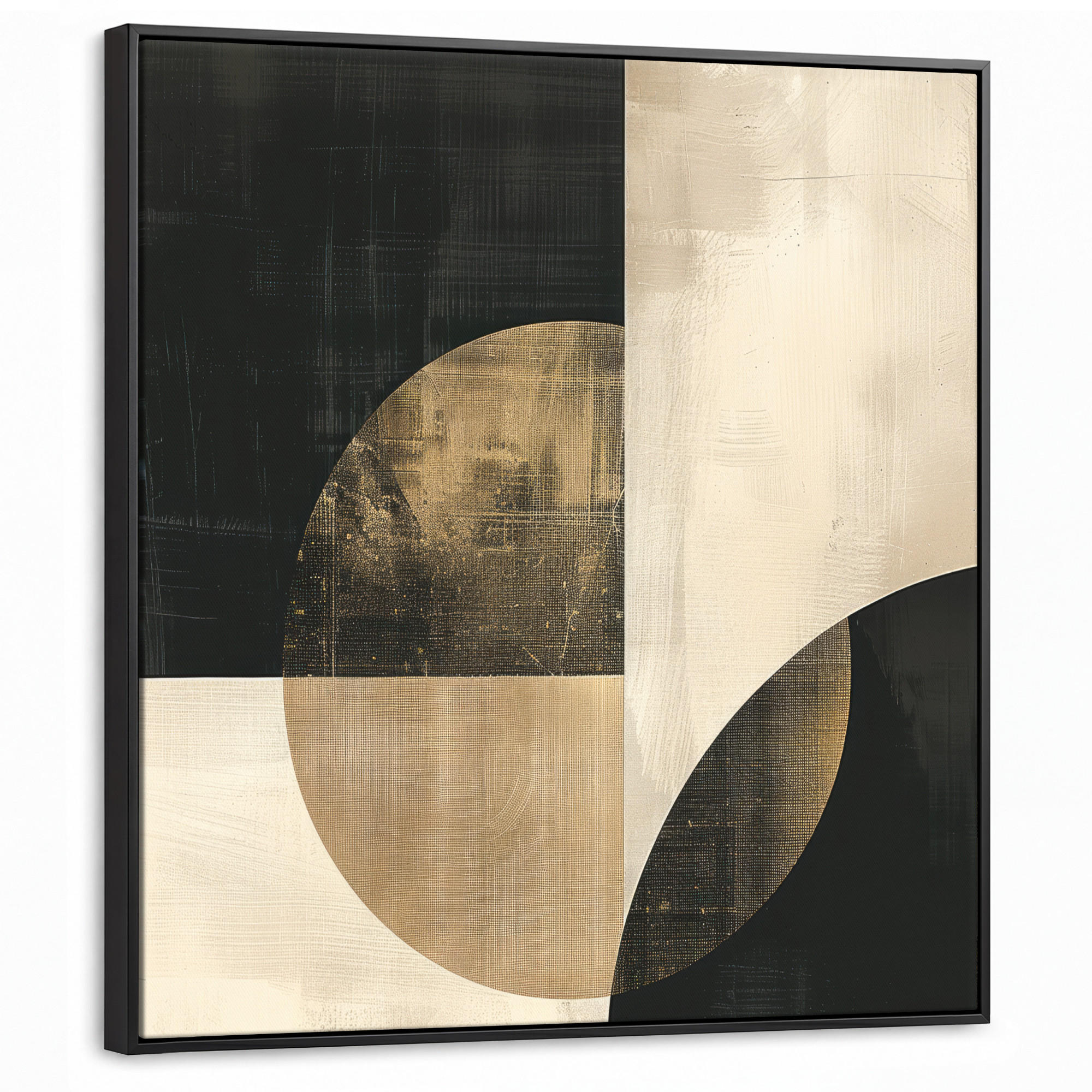 LEINWAND Bilder mit Rahmen - Abstrakt - Geometrische Formen - Schwarz - Gold - 90x90 - Ecru, Textil (90/90cm) - MuchoWow