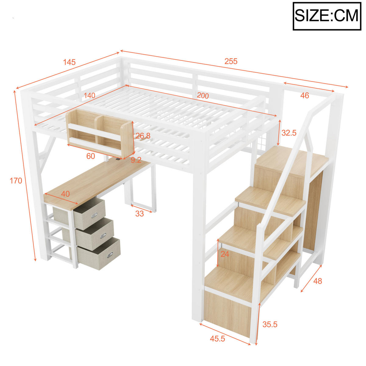 HOCHBETT 140x200 cm in Weiß mit Schreibtisch, Kleiderschrank, LED-Beleuchtung und Stauraum - Weiß, Holzwerkstoff (140/200cm) - IVMEU