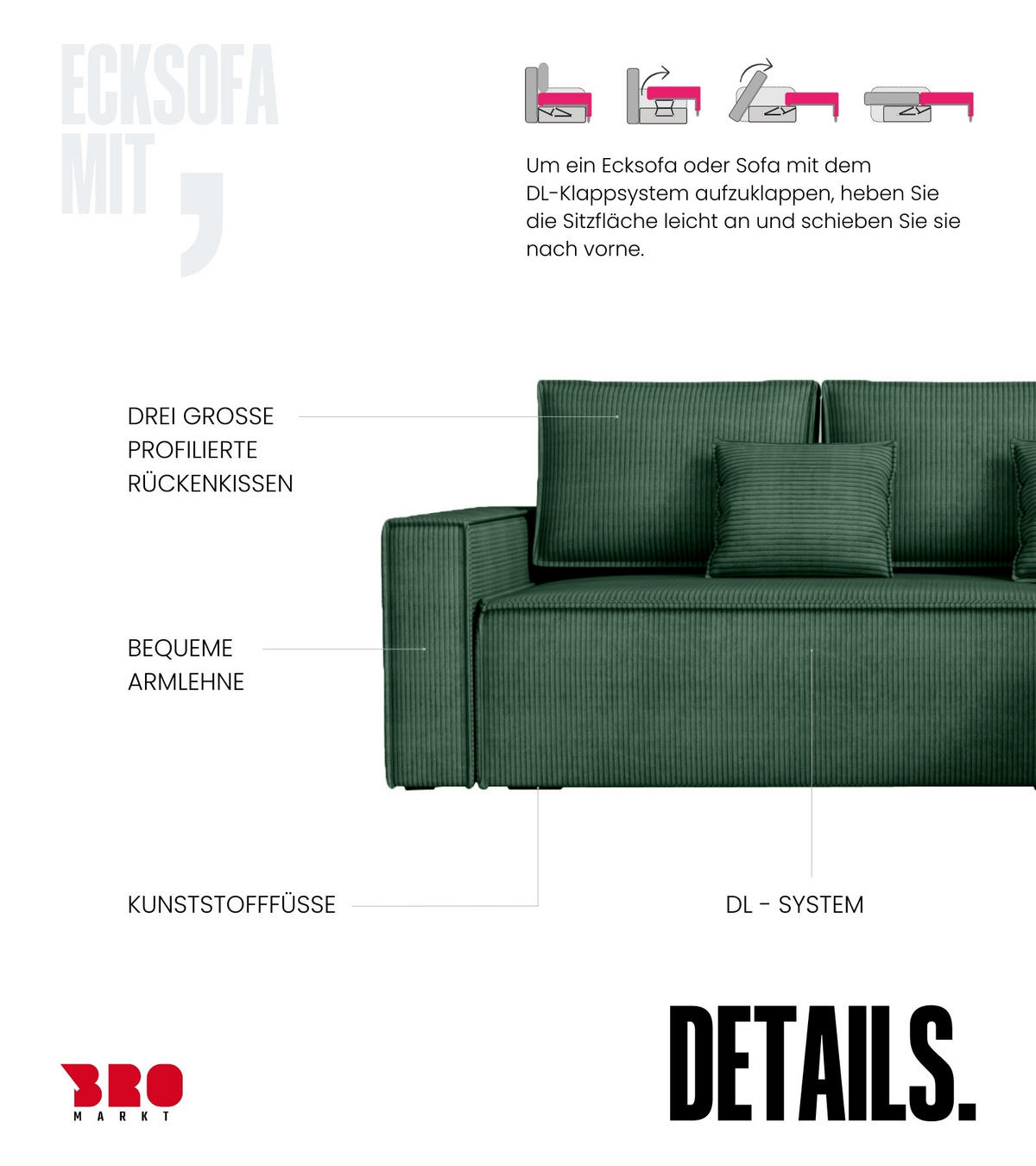 ECKSOFA Dexter mit Schlaffunktion Grün Cord - Grün, Textil (238/141cm) - Bromarkt