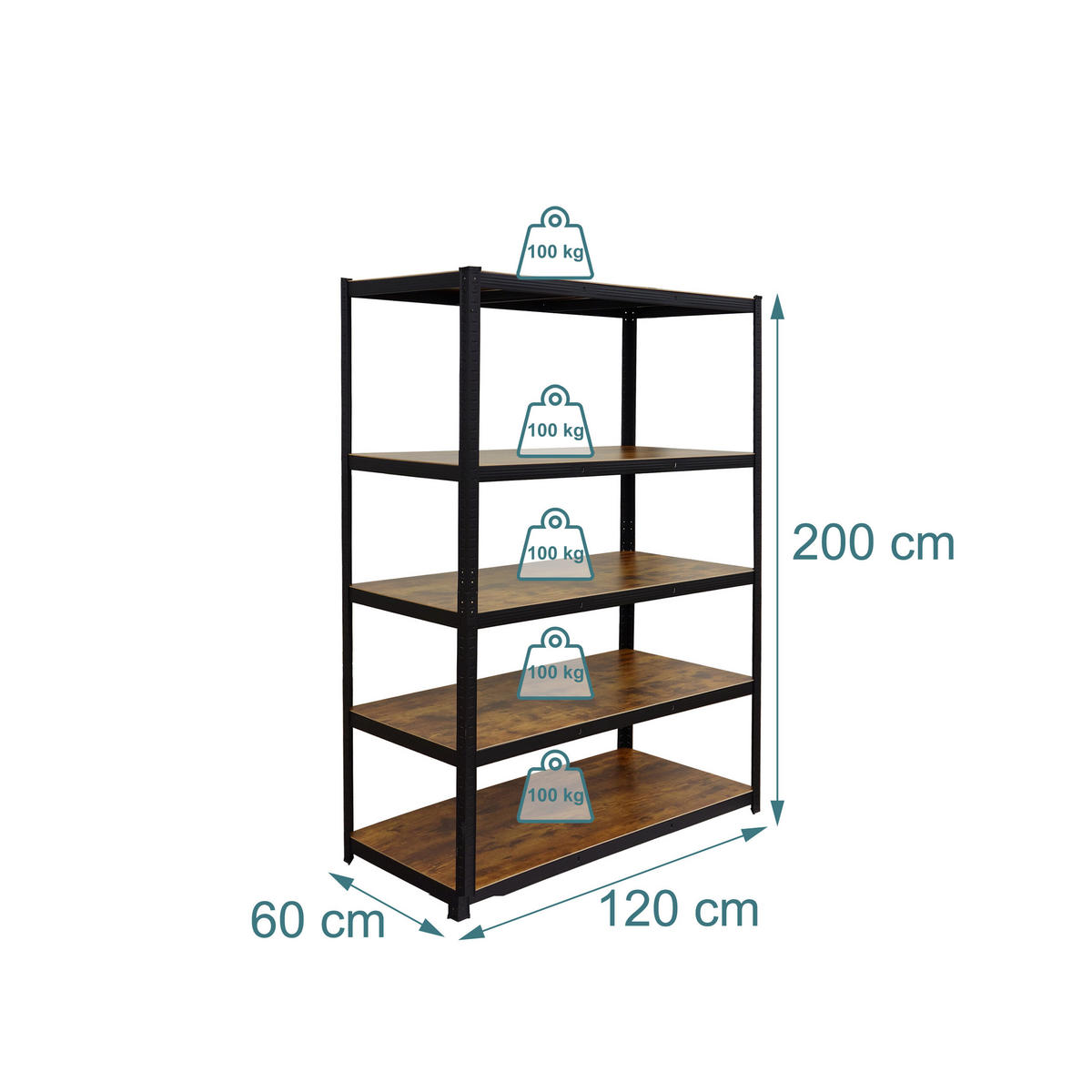 SCHWERLASTREGAL Schwarz Braun Stahl 5-Böden 500 kg - Multicolor, Holzwerkstoff/Kunststoff (120/200/60cm) - Relaxdays