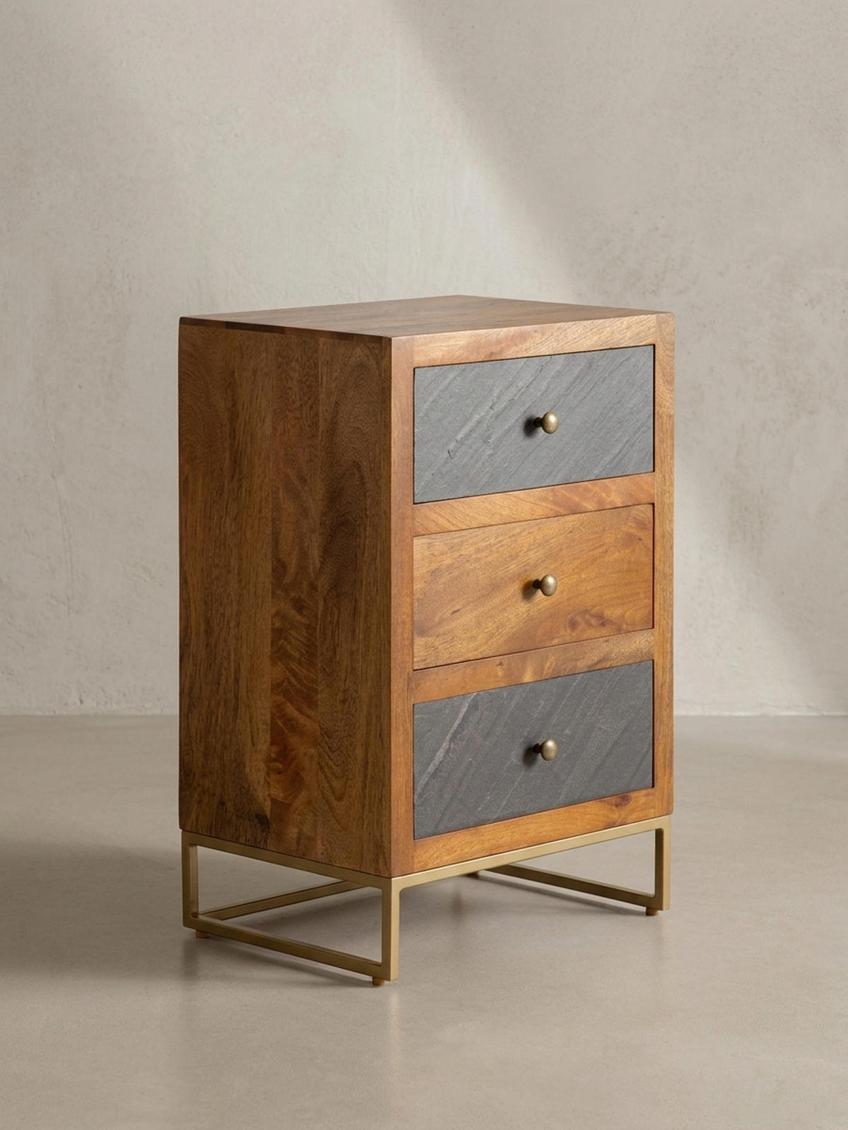 NACHTTISCH Massivholz Steinoptik 3 Schubladen Metallgestell, Braun 40x30x60 cm - Goldfarben/Braun, Holz/Metall (40/60/30cm) - KADIMA DESIGN