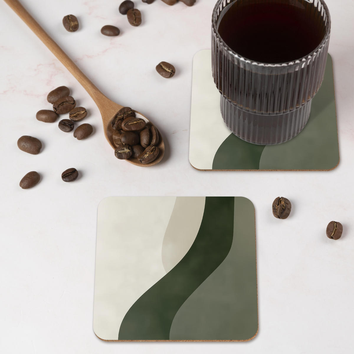 GLASUNTERSETZER 6er-Set Japandi - Grün - Abstrakt - Modern 10x10 cm - Salbeigrün, Naturmaterialien (10/0.2cm) - MuchoWow