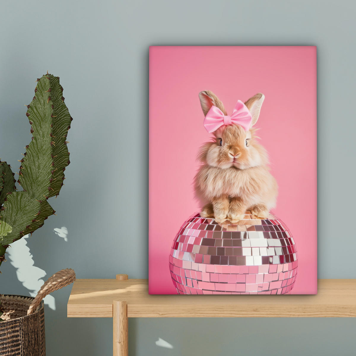 LEINWANDBILD Schleife - Discoball - Kaninchen Deko Wohnzimmer 20x30 cm - Pink, Textil (20/30cm) - MuchoWow