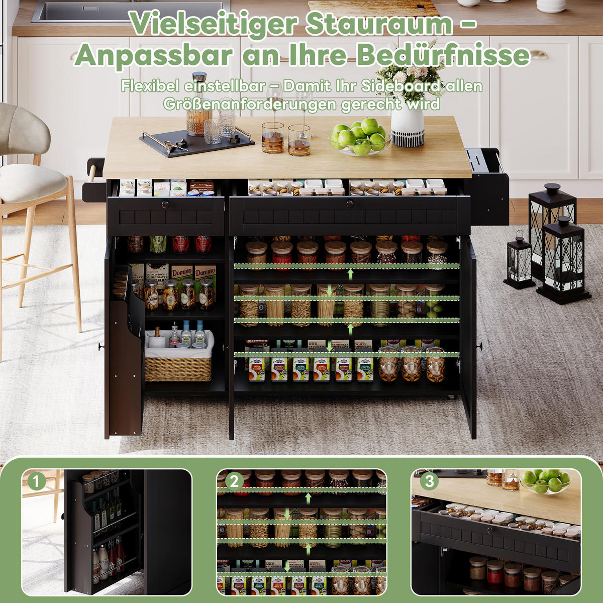 KÜCHENINSEL 137/45/89,5 cm Natur/Schwarz aus MDF mit klappbarer Arbeitsplatte - Naturfarben, Holzwerkstoff (137/89.5/70cm) - OKWISH